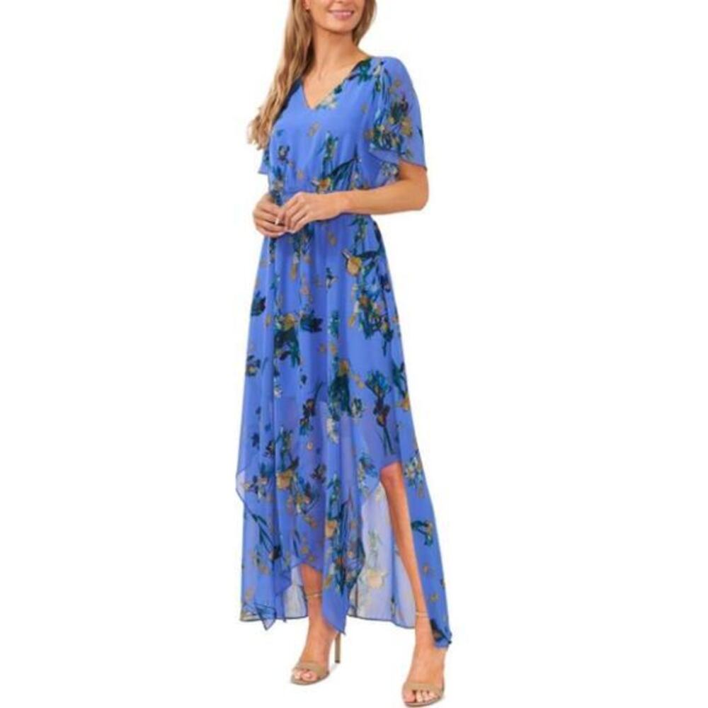 CeCe Women's Blue Floral V-Neck Short Sleeve Midi Fit & Flare Dress M